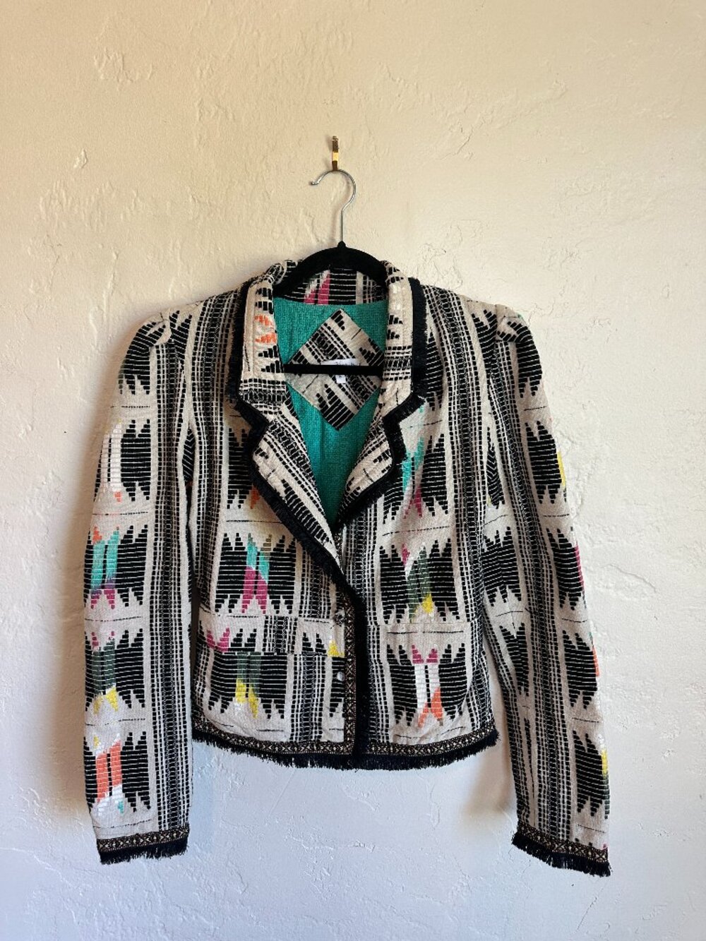 Nessy Black White Geometric Woven Cropped Jacket S